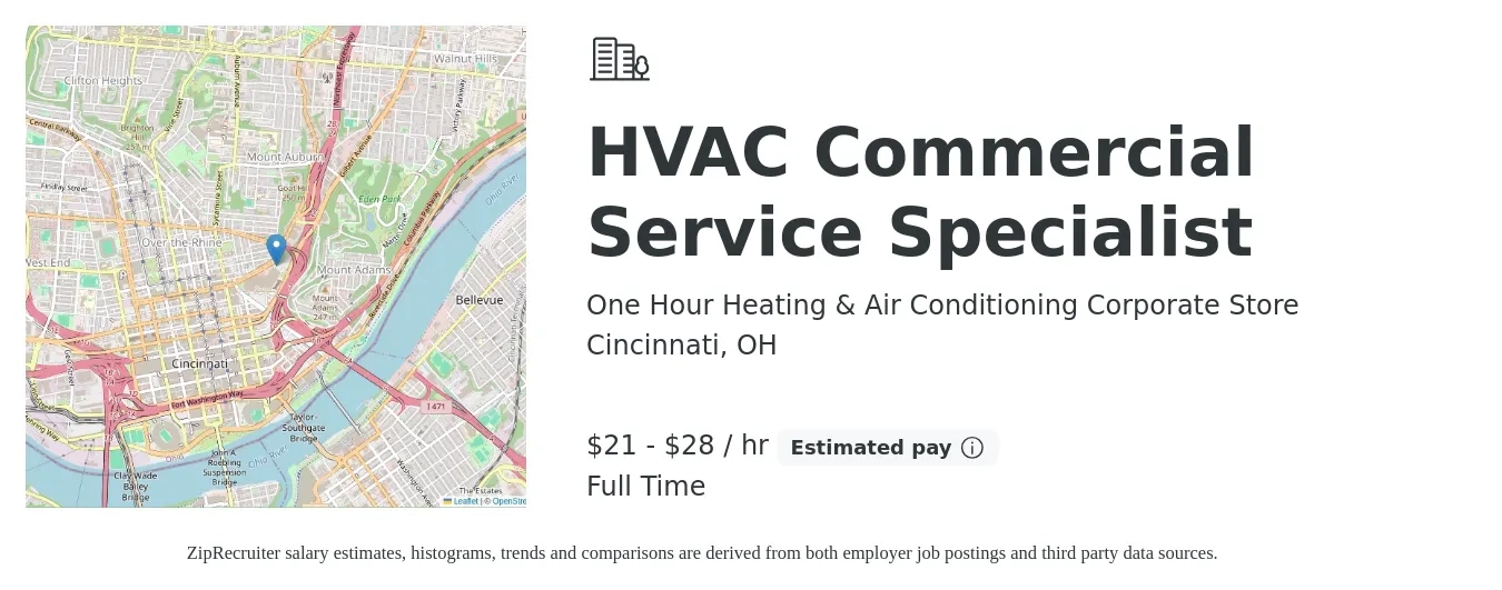 One Hour Heating & Air Conditioning Corporate Store job posting for a HVAC Commercial Service Specialist in Cincinnati, OH with a salary of $22 to $30 Hourly with a map of Cincinnati location.
