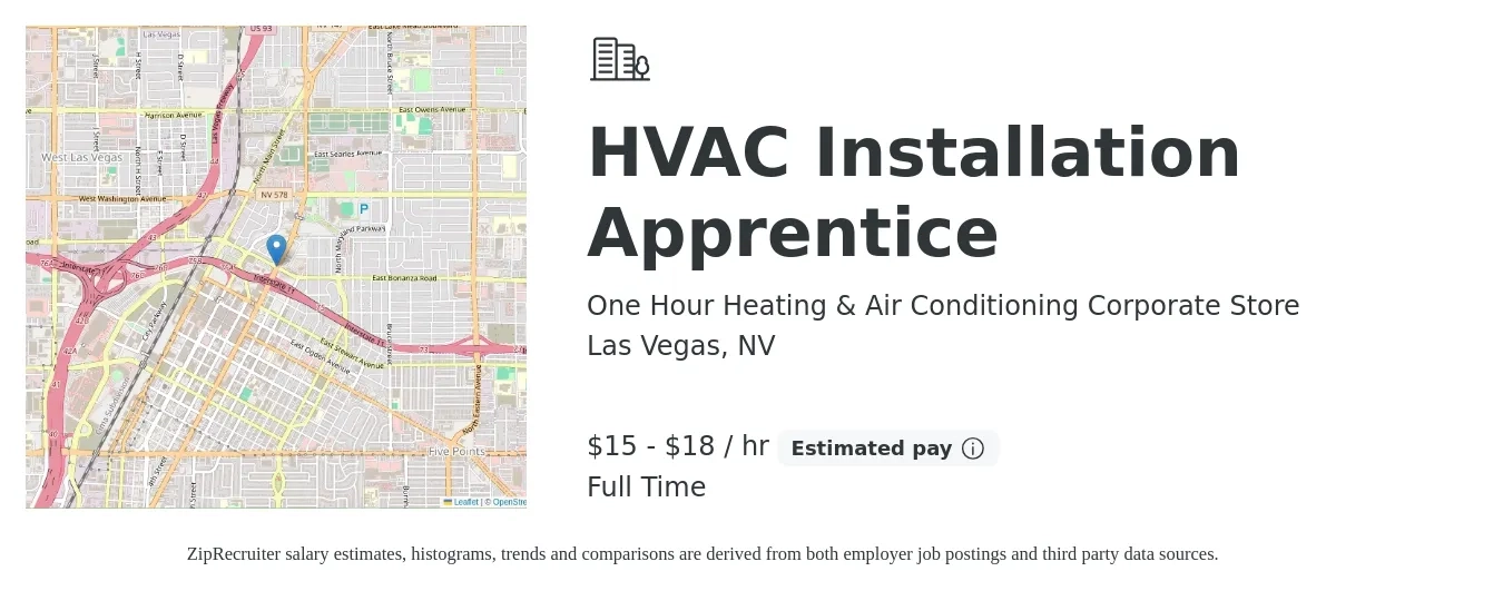 One Hour Heating & Air Conditioning Corporate Store job posting for a HVAC Installation Apprentice in Las Vegas, NV with a salary of $16 to $19 Hourly with a map of Las Vegas location.