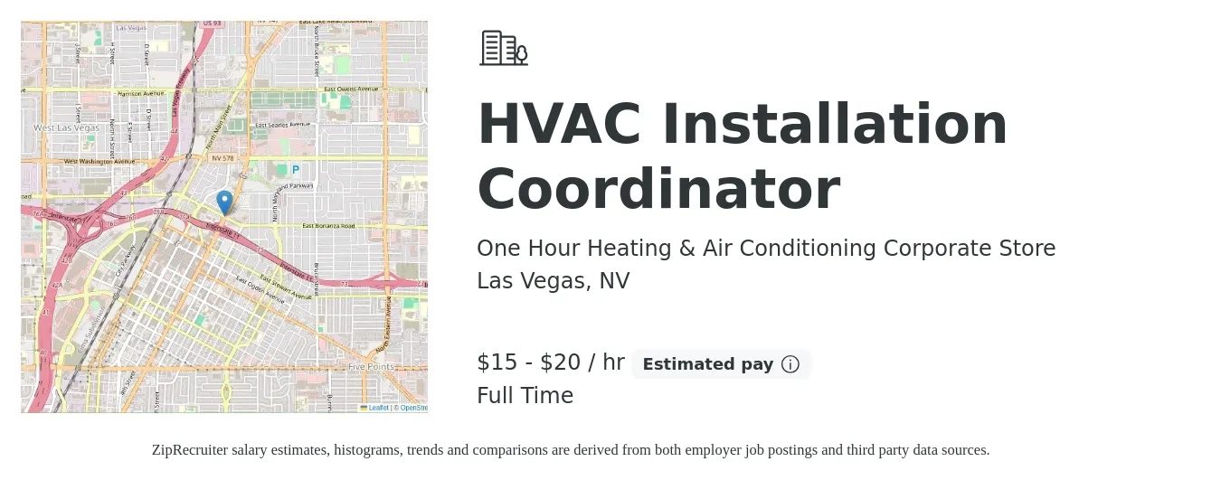 One Hour Heating & Air Conditioning Corporate Store job posting for a HVAC Installation Coordinator in Las Vegas, NV with a salary of $16 to $21 Hourly with a map of Las Vegas location.
