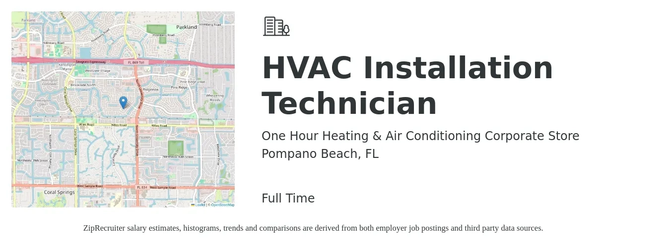 One Hour Heating & Air Conditioning Corporate Store job posting for a HVAC Installation Technician in Pompano Beach, FL with a salary of $20 to $30 Hourly with a map of Pompano Beach location.