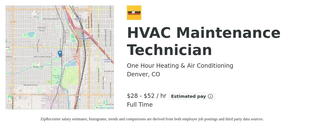 One Hour Heating & Air Conditioning job posting for a HVAC Maintenance Technician in Denver, CO with a salary of $30 to $55 Hourly with a map of Denver location.