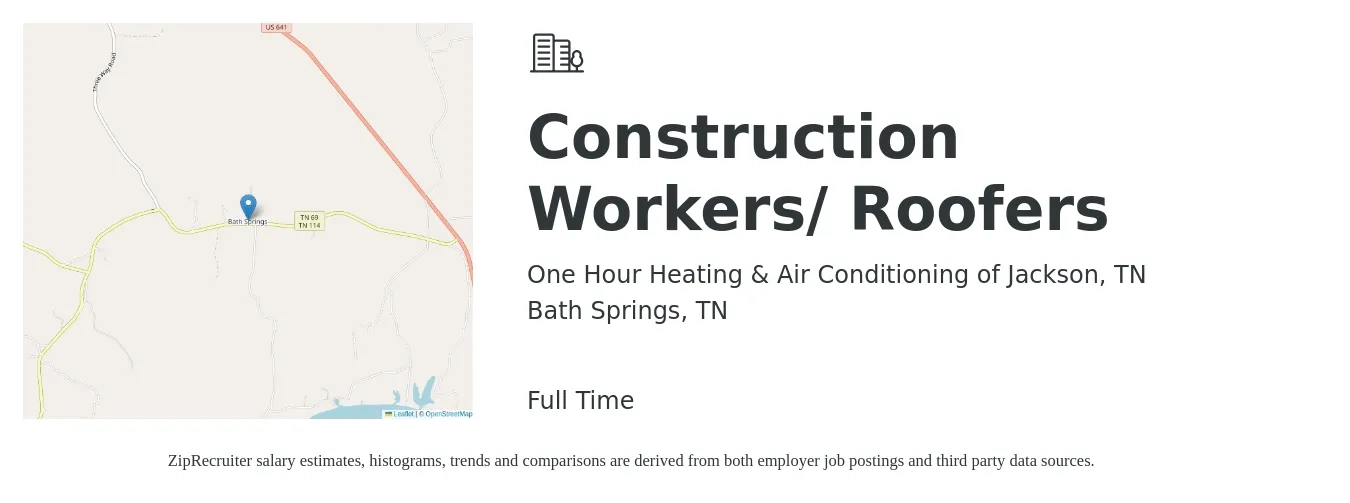 One Hour Heating & Air Conditioning of Jackson, TN job posting for a Construction Workers/ Roofers in Bath Springs, TN with a salary of $16 to $22 Hourly with a map of Bath Springs location.