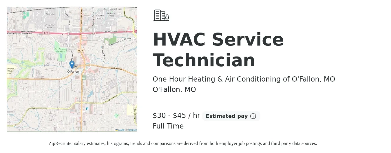 One Hour Heating & Air Conditioning of O'Fallon, MO job posting for a HVAC Service Technician in O'Fallon, MO with a salary of $30 to $37 Hourly with a map of O'Fallon location.