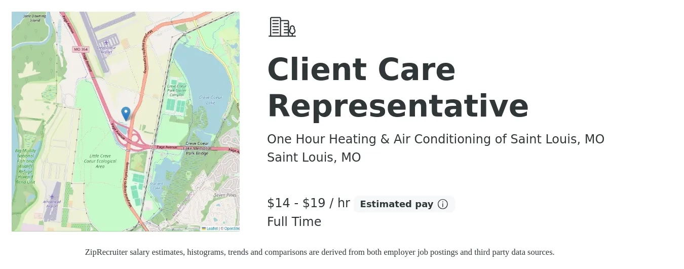 One Hour Heating & Air Conditioning of Saint Louis, MO job posting for a Client Care Representative in Saint Louis, MO with a salary of $15 to $20 Hourly with a map of Saint Louis location.