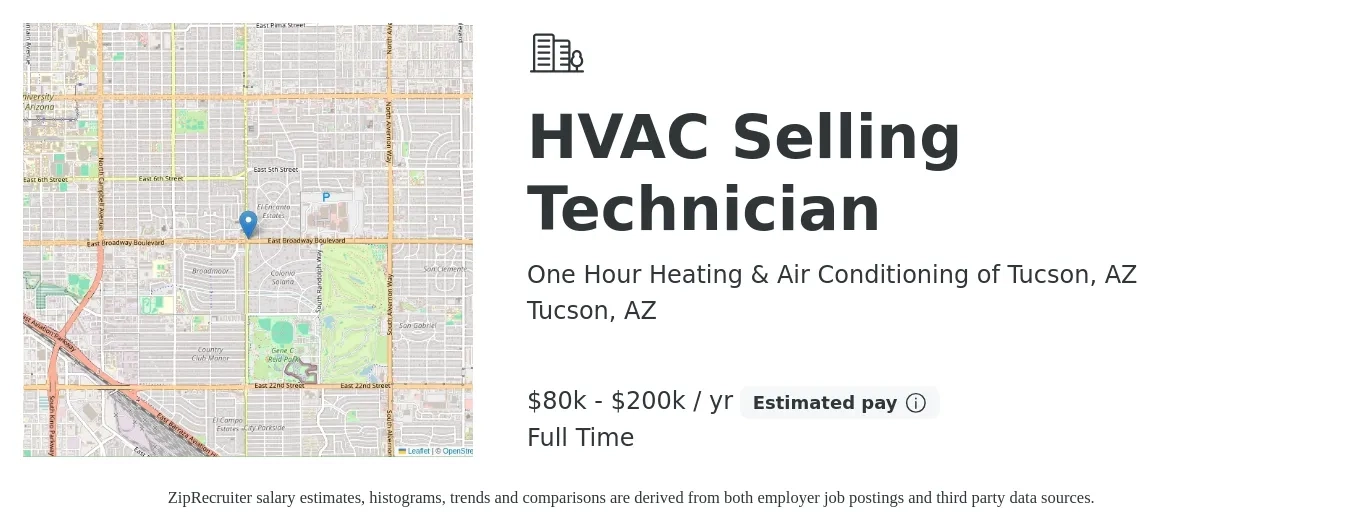 One Hour Heating & Air Conditioning of Tucson, AZ job posting for a HVAC Selling Technician in Tucson, AZ with a salary of $80,000 to $200,000 Yearly with a map of Tucson location.