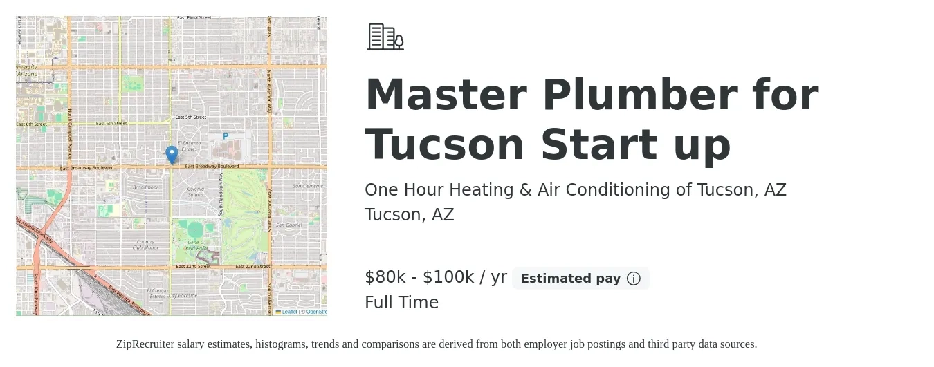 One Hour Heating & Air Conditioning of Tucson, AZ job posting for a Master Plumber for Tucson Start up in Tucson, AZ with a salary of $80,000 to $100,000 Yearly with a map of Tucson location.