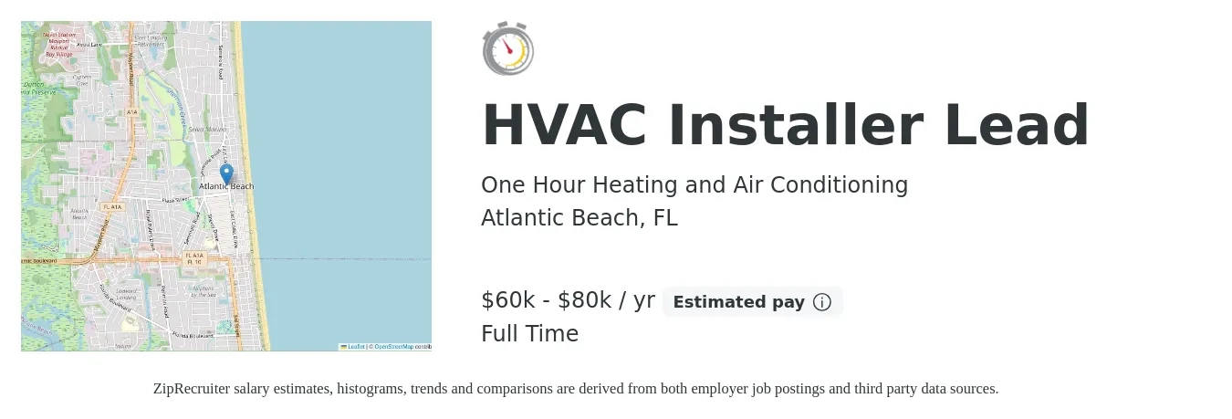 One Hour Heating and Air Conditioning job posting for a HVAC Installer Lead in Atlantic Beach, FL with a salary of $60,000 to $80,000 Yearly with a map of Atlantic Beach location.