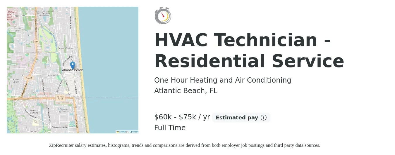 One Hour Heating and Air Conditioning job posting for a HVAC Technician - Residential Service in Atlantic Beach, FL with a salary of $60,000 to $75,000 Yearly with a map of Atlantic Beach location.