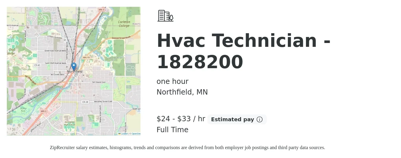 one hour job posting for a Hvac Technician - 1828200 in Northfield, MN with a salary of $25 to $35 Hourly with a map of Northfield location.