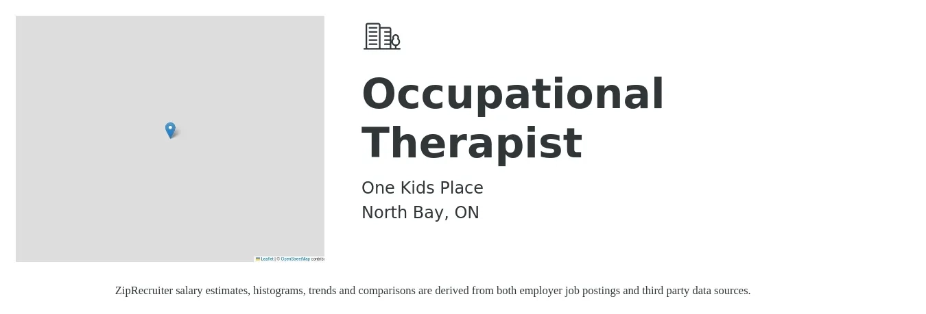 One Kids Place job posting for a Occupational Therapist in North Bay, ON with a salary of $37 to $44 Hourly with a map of North Bay location.