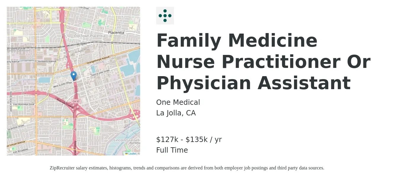 One Medical job posting for a Family Medicine Nurse Practitioner Or Physician Assistant in La Jolla, CA with a salary of $127,000 to $135,000 Yearly with a map of La Jolla location.