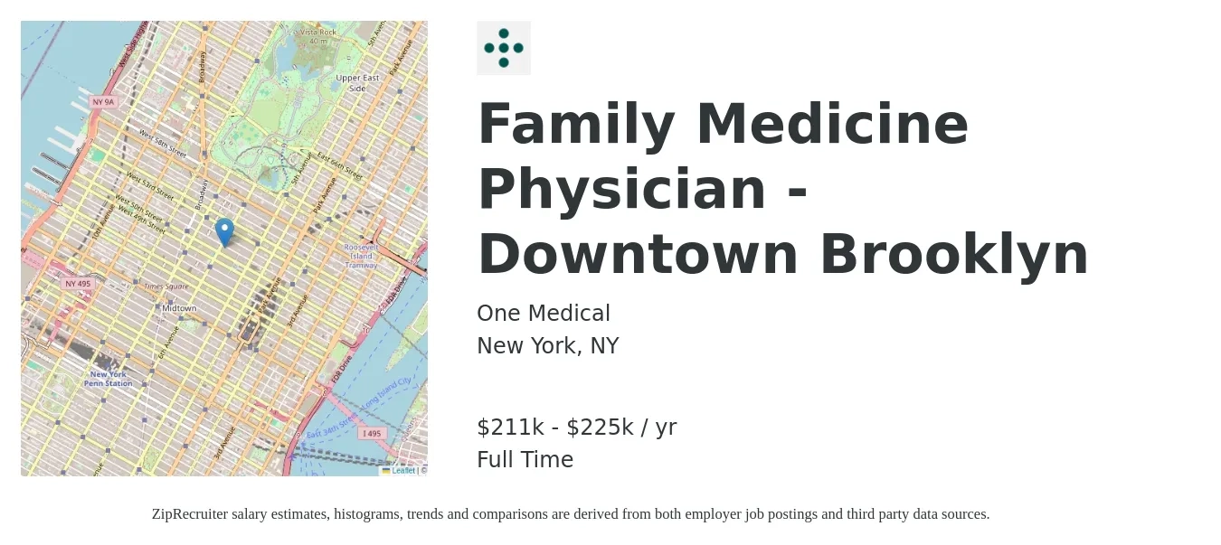One Medical job posting for a Family Medicine Physician - Downtown Brooklyn in New York, NY with a salary of $211,000 to $225,000 Yearly with a map of New York location.