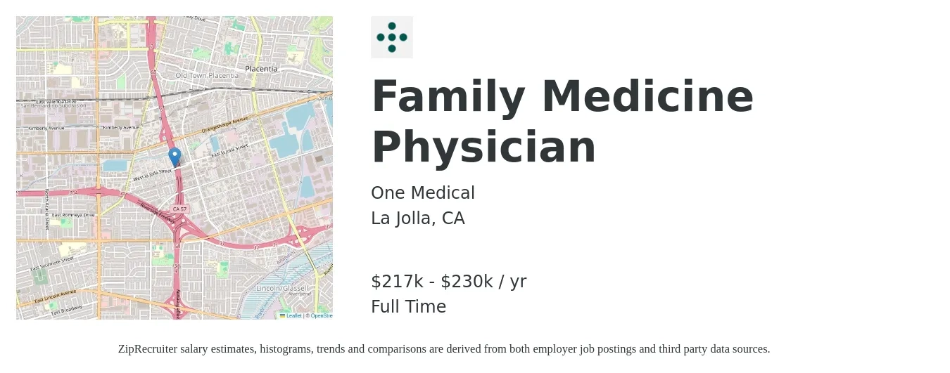 One Medical job posting for a Family Medicine Physician in La Jolla, CA with a salary of $217,000 to $230,000 Yearly with a map of La Jolla location.