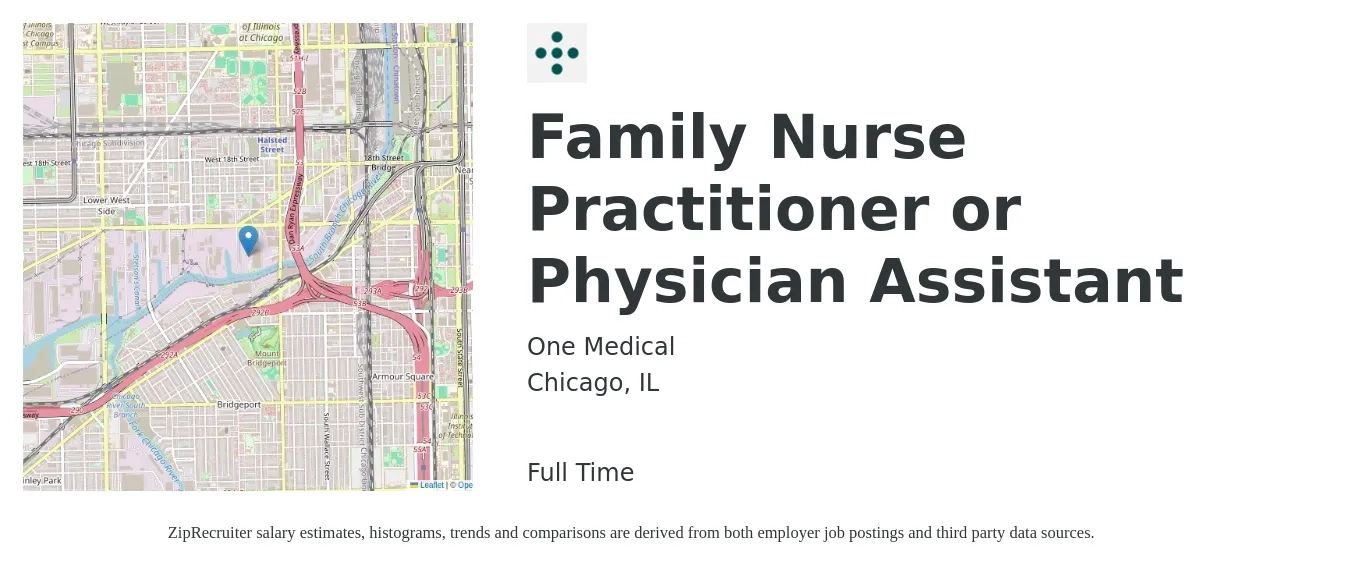 One Medical job posting for a Family Nurse Practitioner or Physician Assistant in Chicago, IL with a salary of $112,300 to $145,200 Yearly with a map of Chicago location.
