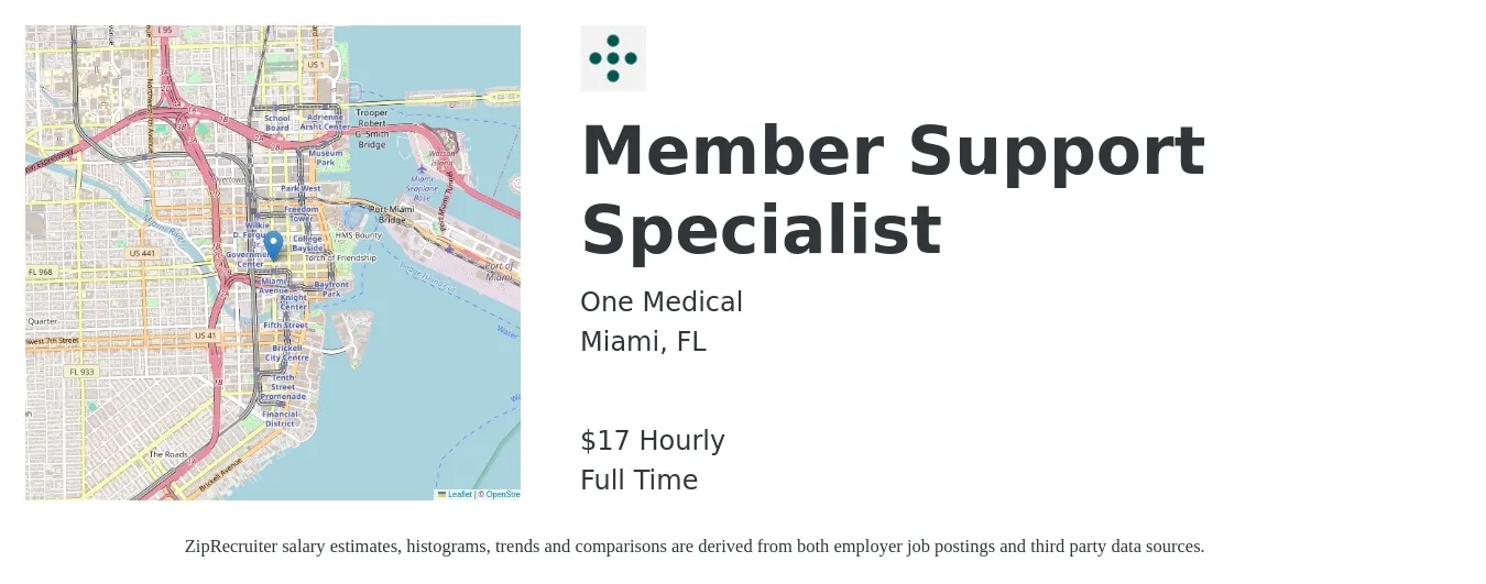 One Medical job posting for a Member Support Specialist in Miami, FL with a salary of $18 Hourly with a map of Miami location.