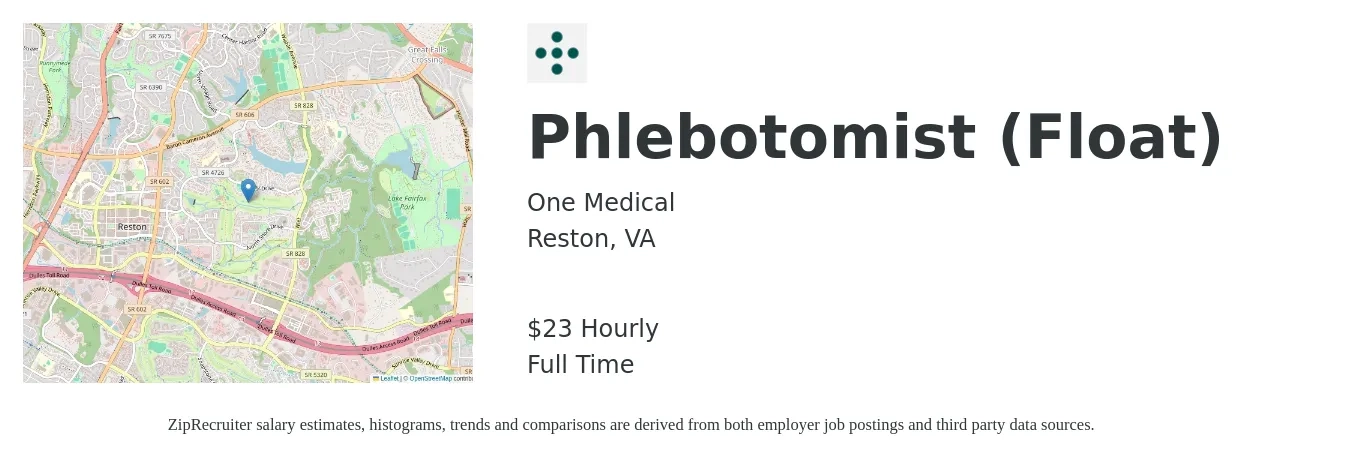 One Medical job posting for a Phlebotomist (Float) in Reston, VA with a salary of $24 Hourly with a map of Reston location.