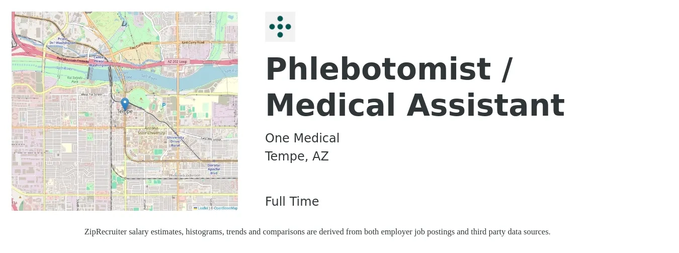 One Medical job posting for a Phlebotomist / Medical Assistant in Tempe, AZ with a salary of $17 to $22 Hourly with a map of Tempe location.