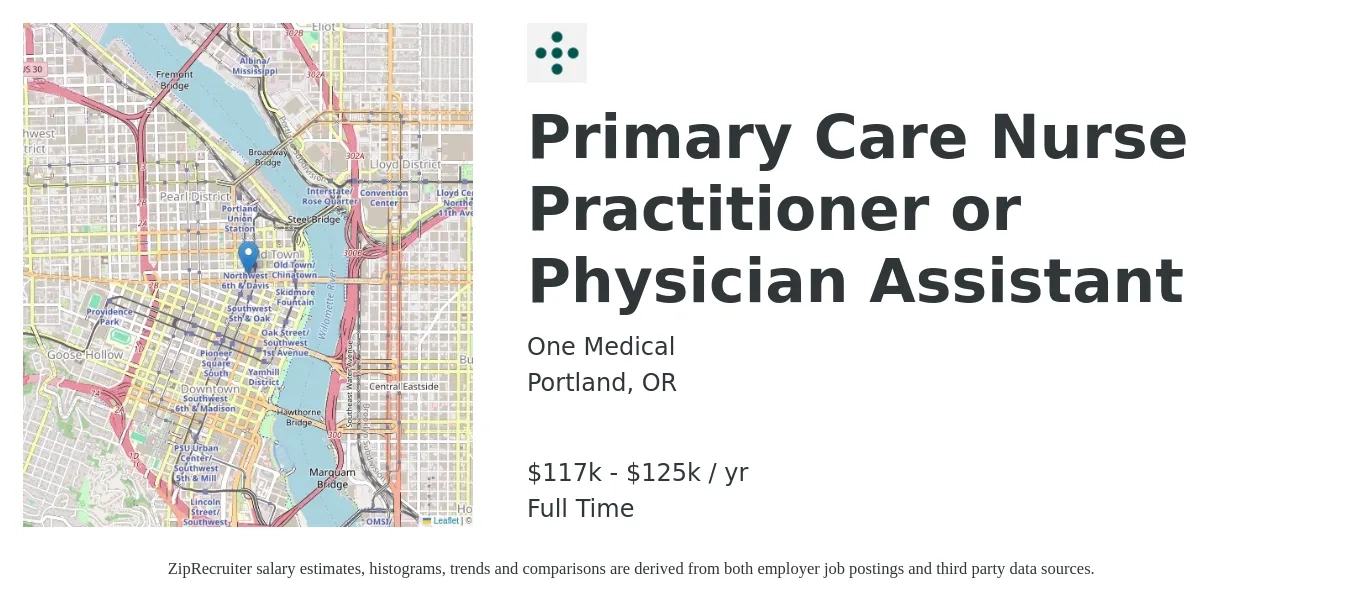 One Medical job posting for a Primary Care Nurse Practitioner or Physician Assistant in Portland, OR with a salary of $117,000 to $125,000 Yearly with a map of Portland location.
