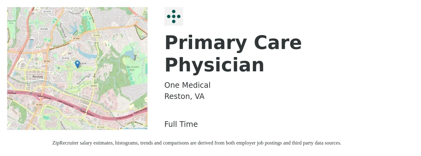 One Medical job posting for a Primary Care Physician in Reston, VA with a salary of $197,700 to $254,400 Yearly with a map of Reston location.