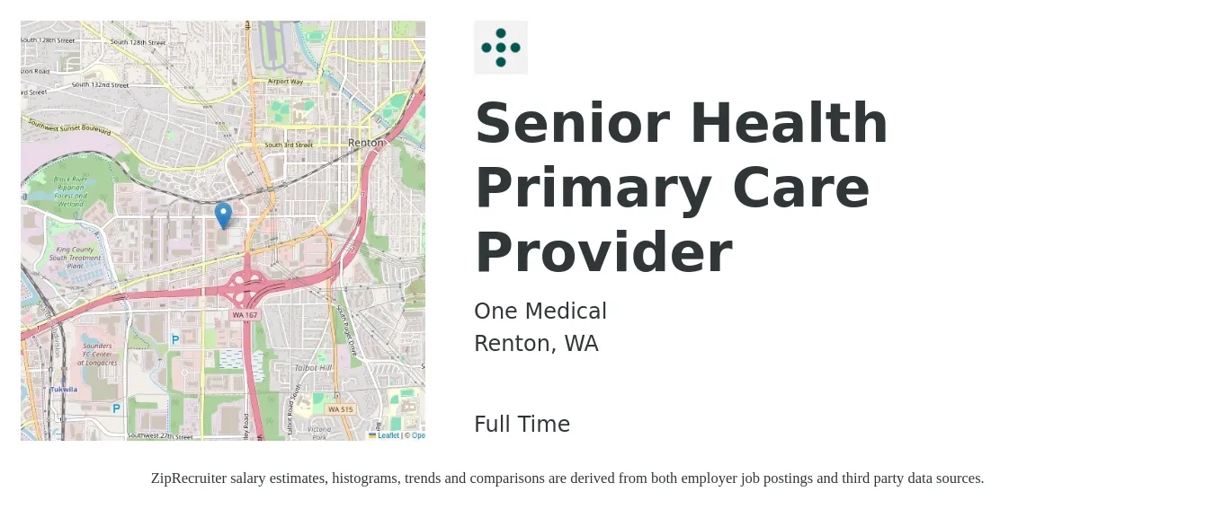 One Medical job posting for a Senior Health Primary Care Provider in Renton, WA with a salary of $14 to $20 Hourly with a map of Renton location.