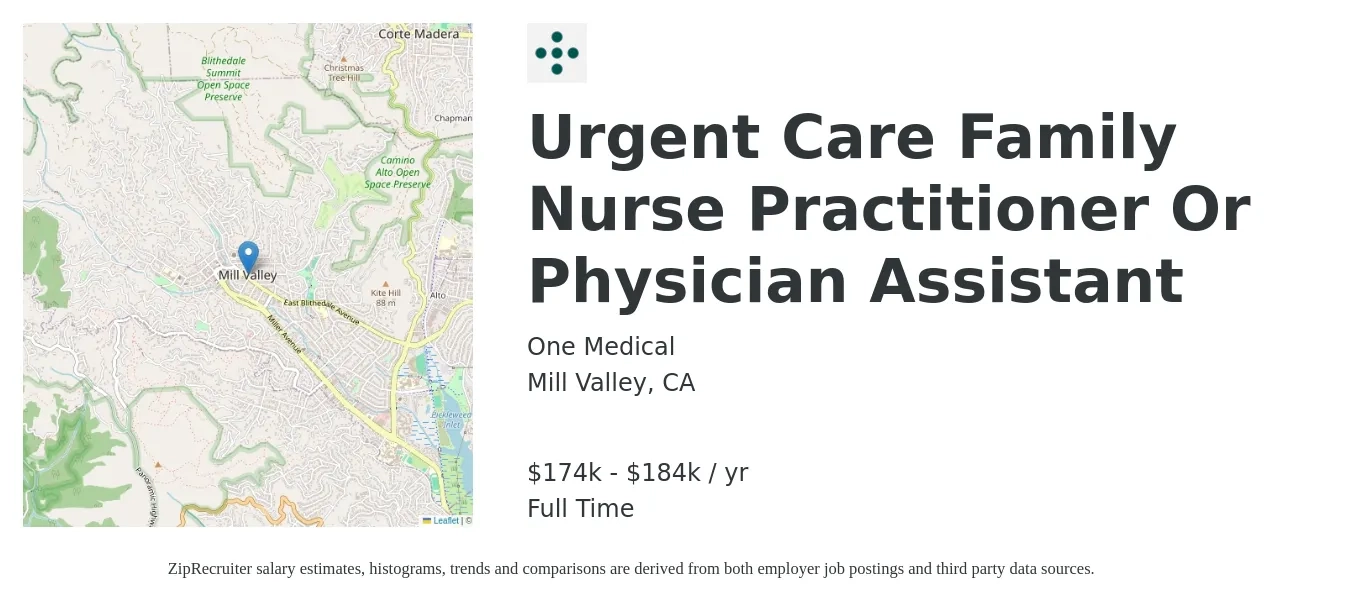 One Medical job posting for a Urgent Care Family Nurse Practitioner Or Physician Assistant in Mill Valley, CA with a salary of $174,000 to $184,000 Yearly with a map of Mill Valley location.