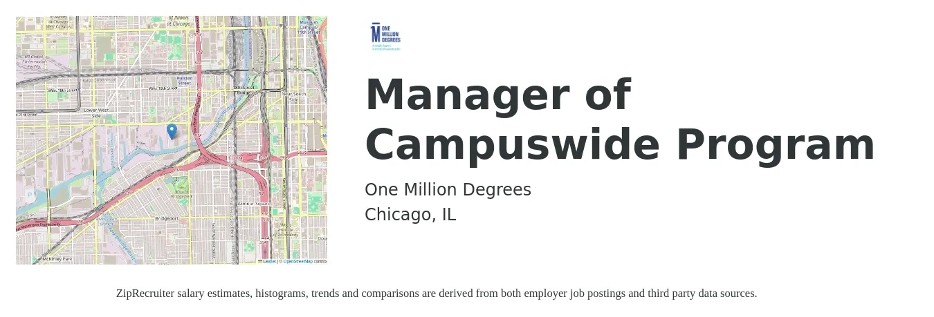 One Million Degrees job posting for a Manager of Campuswide Program in Chicago, IL with a salary of $39 to $74 Hourly with a map of Chicago location.