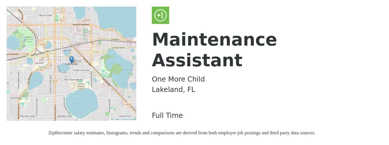 One More Child job posting for a Maintenance Assistant in Lakeland, FL with a salary of $14 to $18 Hourly with a map of Lakeland location.