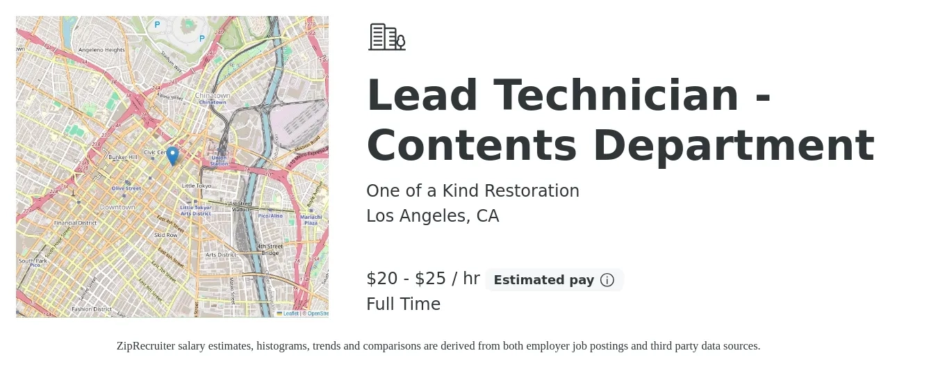 One of a Kind Restoration job posting for a Lead Technician - Contents Department in Los Angeles, CA with a salary of $21 to $27 Hourly with a map of Los Angeles location.