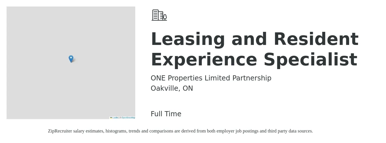 ONE Properties Limited Partnership job posting for a Leasing and Resident Experience Specialist in Oakville, ON with a map of Oakville location.