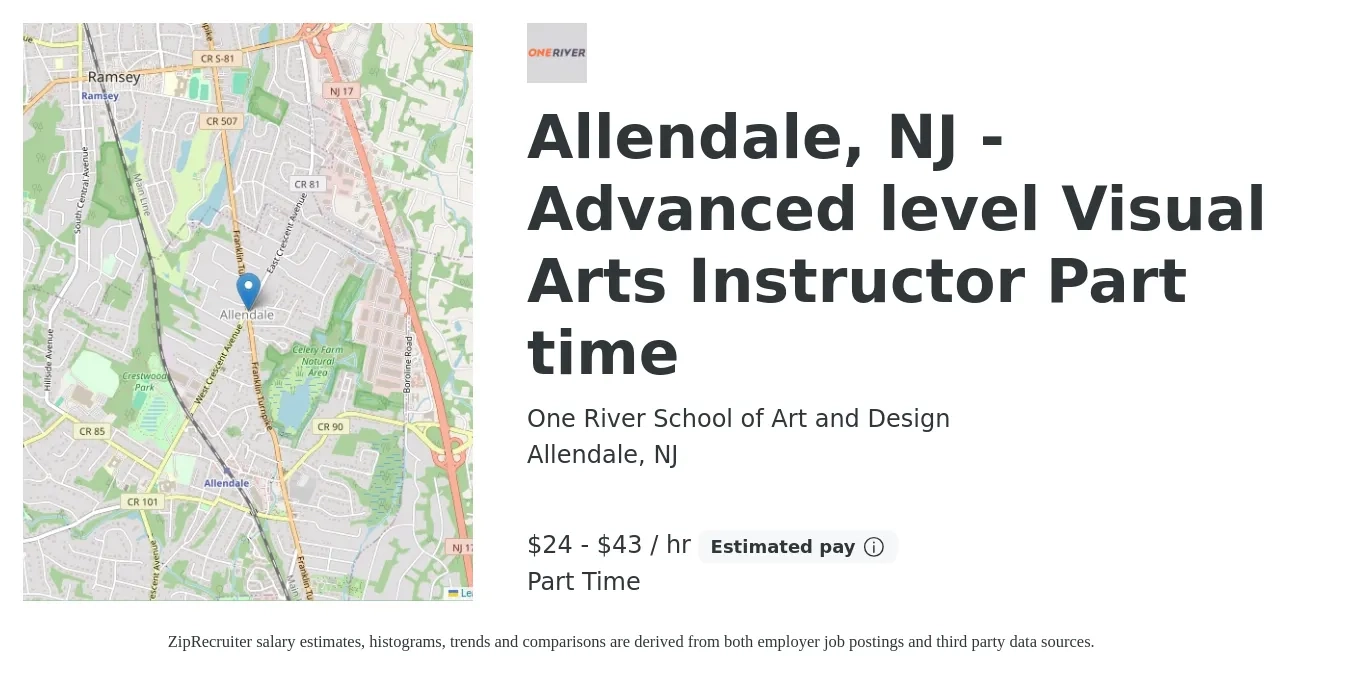 One River School of Art and Design job posting for a Allendale, NJ - Advanced level Visual Arts Instructor Part time in Allendale, NJ with a salary of $25 to $45 Hourly with a map of Allendale location.