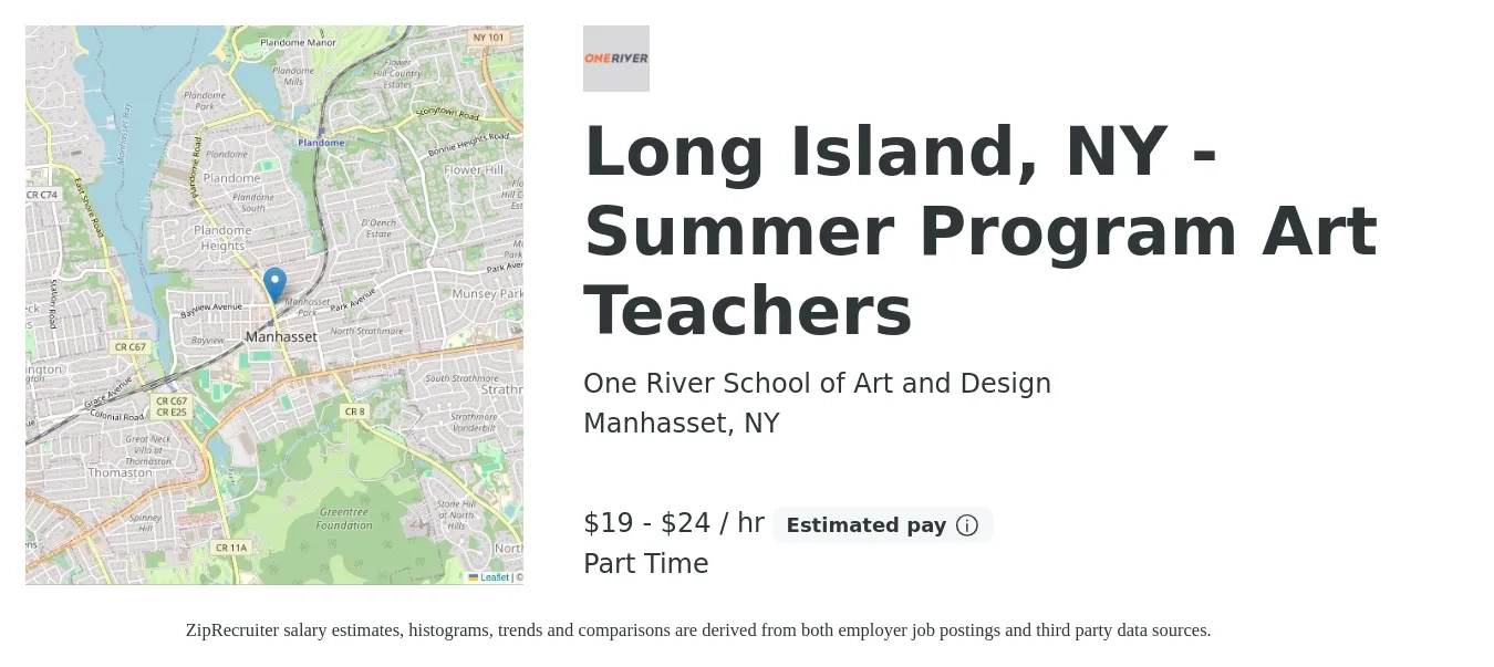 One River School of Art and Design job posting for a Long Island, NY - Summer Program Art Teachers in Manhasset, NY with a salary of $20 to $25 Hourly with a map of Manhasset location.