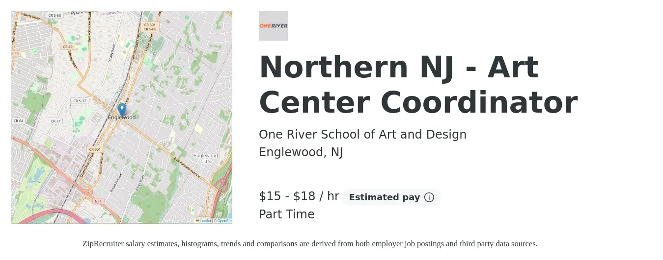 One River School of Art and Design job posting for a Northern NJ - Art Center Coordinator in Englewood, NJ with a salary of $16 to $19 Hourly with a map of Englewood location.