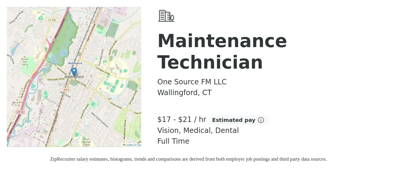 One Source FM LLC job posting for a Maintenance Technician in Wallingford, CT with a salary of $18 to $22 Hourly and benefits including vision, dental, life_insurance, medical, pto, and retirement with a map of Wallingford location.
