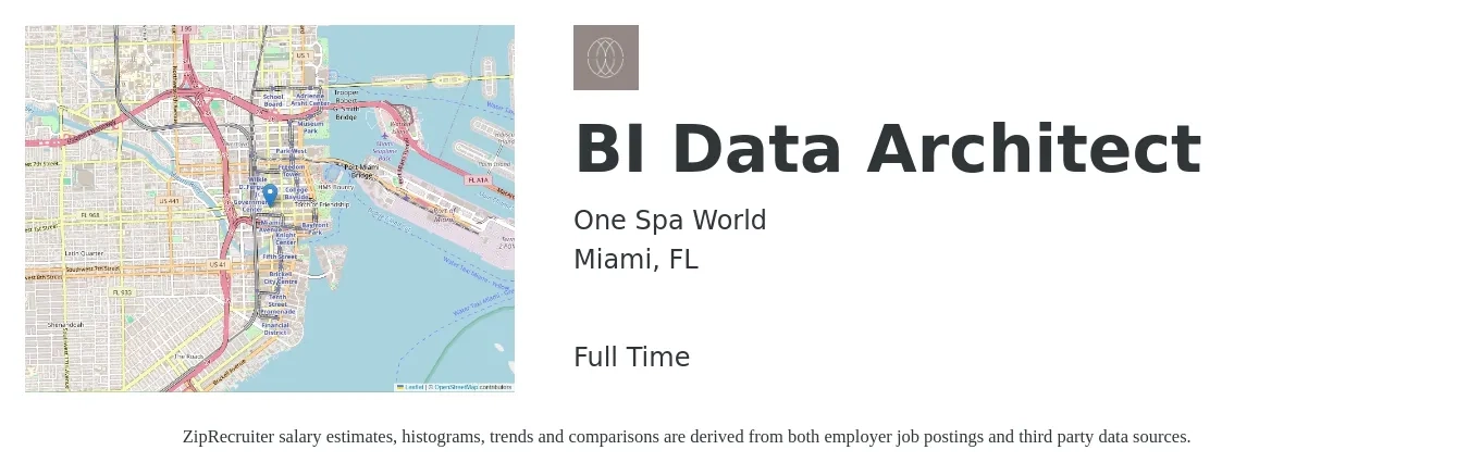 One Spa World job posting for a BI Data Architect in Miami, FL with a salary of $116,200 to $140,100 Yearly with a map of Miami location.
