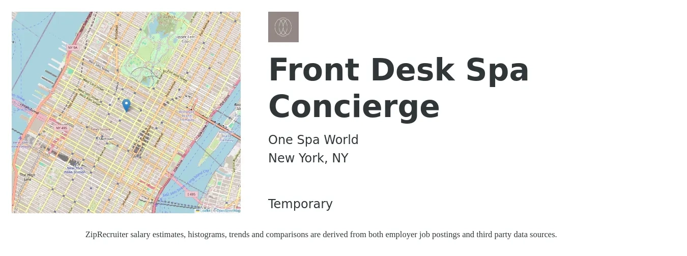 One Spa World job posting for a Front Desk Spa Concierge in New York, NY with a salary of $17 Hourly with a map of New York location.