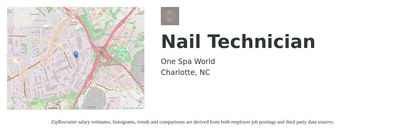 One Spa World job posting for a Nail Technician in Charlotte, NC with a salary of $16 to $25 Hourly with a map of Charlotte location.