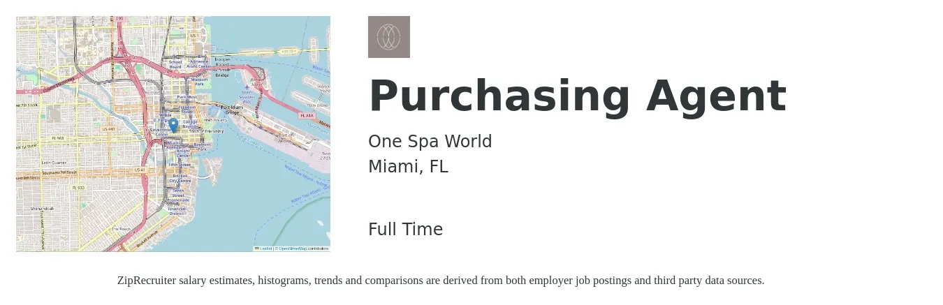 One Spa World job posting for a Purchasing Agent in Miami, FL with a salary of $41,100 to $57,400 Yearly with a map of Miami location.
