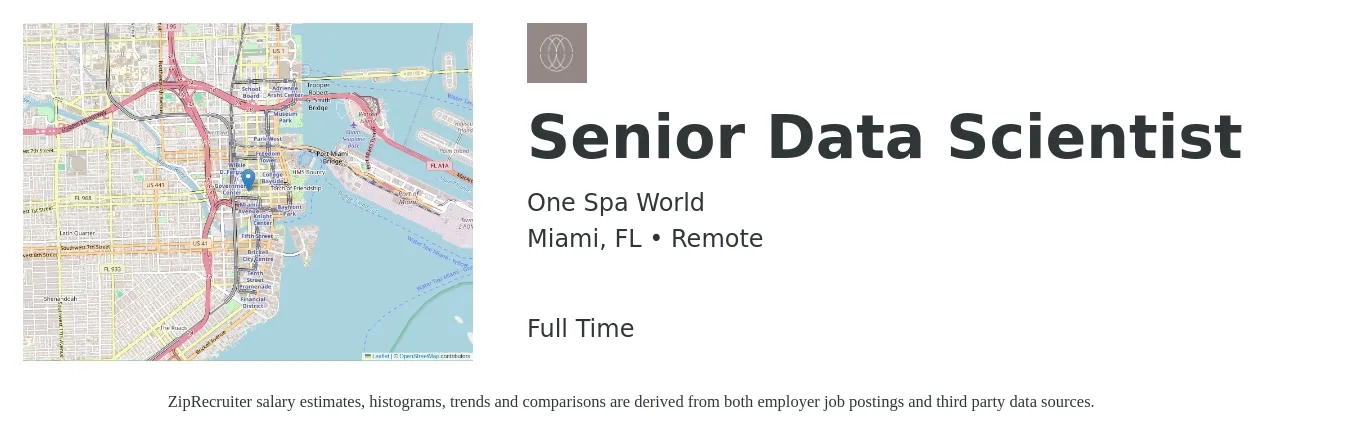 One Spa World job posting for a Senior Data Scientist in Miami, FL with a salary of $113,300 to $159,200 Yearly with a map of Miami location.