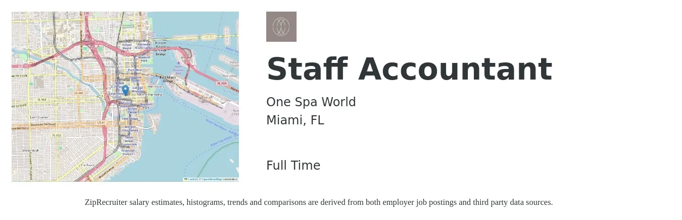 One Spa World job posting for a Staff Accountant in Miami, FL with a salary of $52,600 to $69,300 Yearly with a map of Miami location.