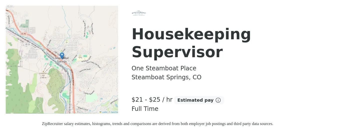 One Steamboat Place job posting for a Housekeeping Supervisor in Steamboat Springs, CO with a salary of $22 to $27 Hourly with a map of Steamboat Springs location.