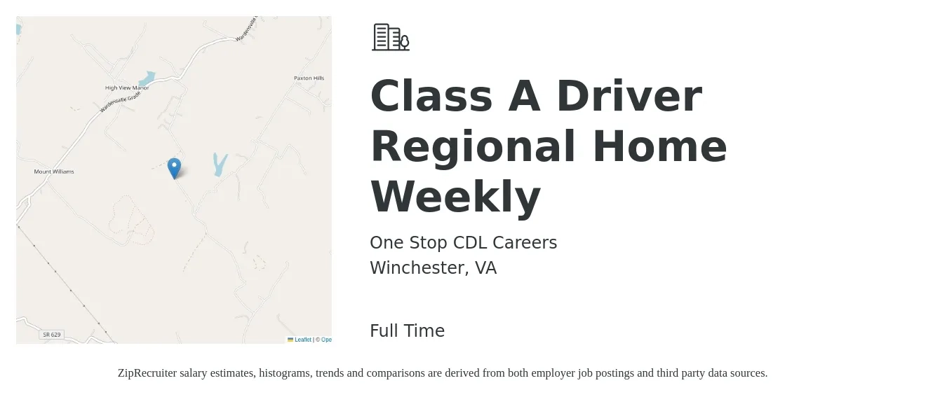 One Stop CDL Careers job posting for a Class A Driver Regional Home Weekly in Winchester, VA with a salary of $1,400 to $1,750 Weekly with a map of Winchester location.