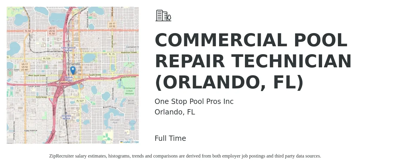 One Stop Pool Pros Inc job posting for a COMMERCIAL POOL REPAIR TECHNICIAN (ORLANDO, FL) in Orlando, FL with a salary of $16 to $20 Hourly with a map of Orlando location.