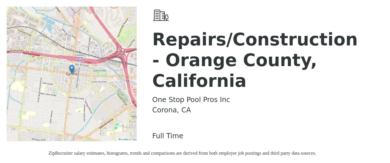 One Stop Pool Pros Inc job posting for a Repairs/Construction - Orange County, California in Corona, CA with a salary of $19 to $26 Hourly with a map of Corona location.