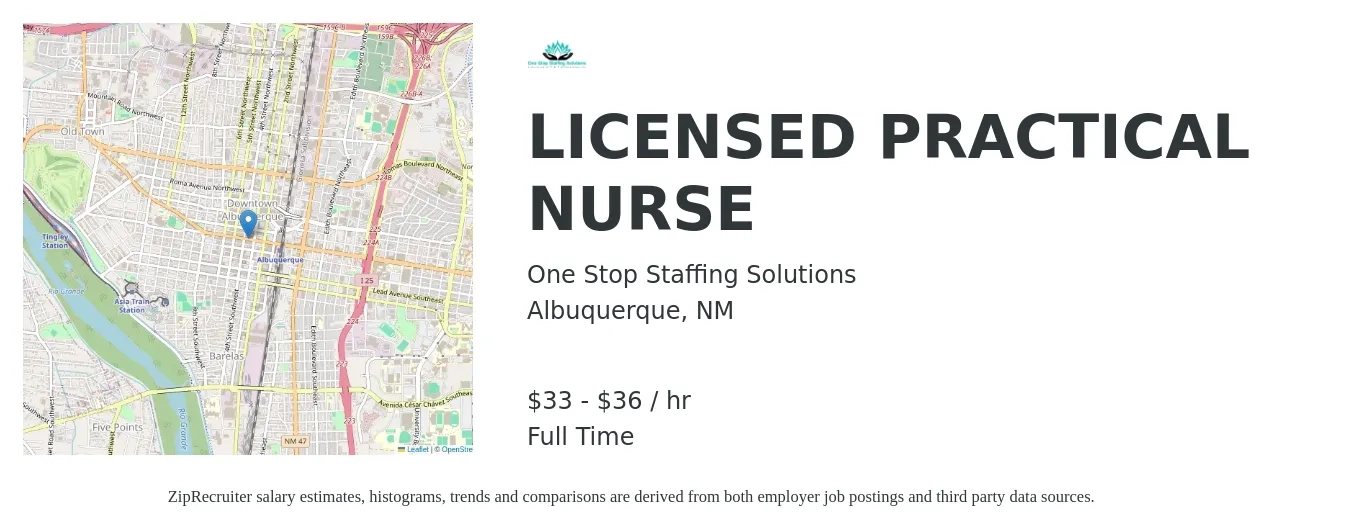 One Stop Staffing Solutions job posting for a LICENSED PRACTICAL NURSE in Albuquerque, NM with a salary of $35 to $38 Hourly with a map of Albuquerque location.