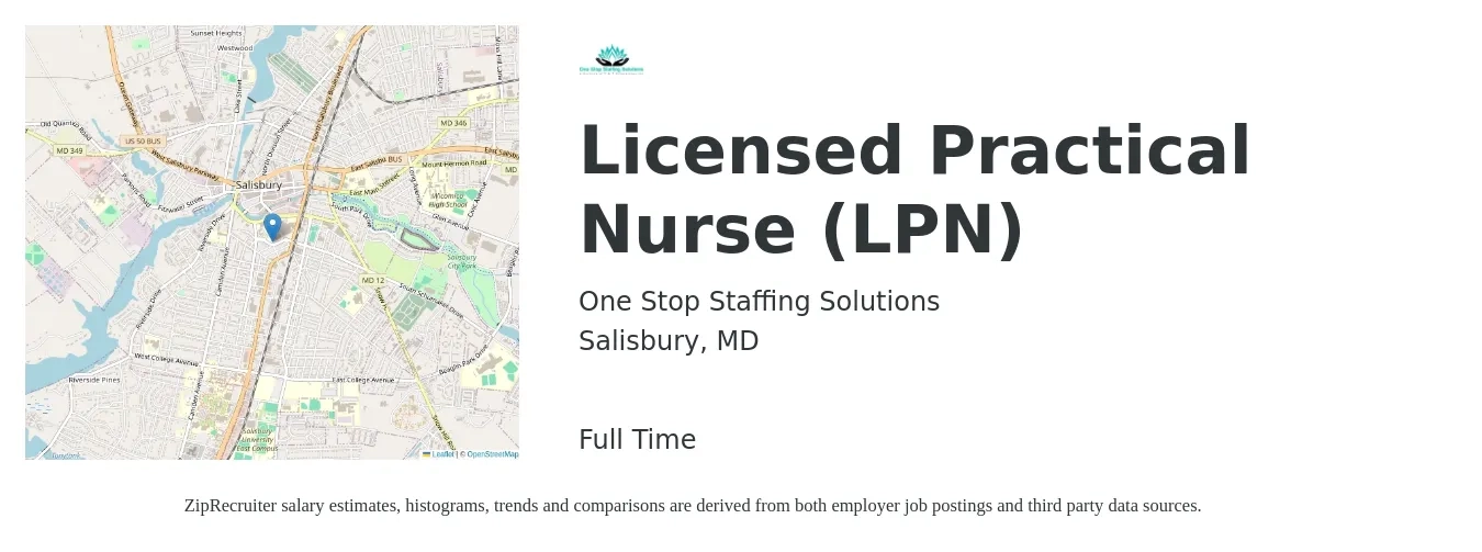 One Stop Staffing Solutions job posting for a Licensed Practical Nurse (LPN) in Salisbury, MD with a salary of $1,760 Weekly with a map of Salisbury location.