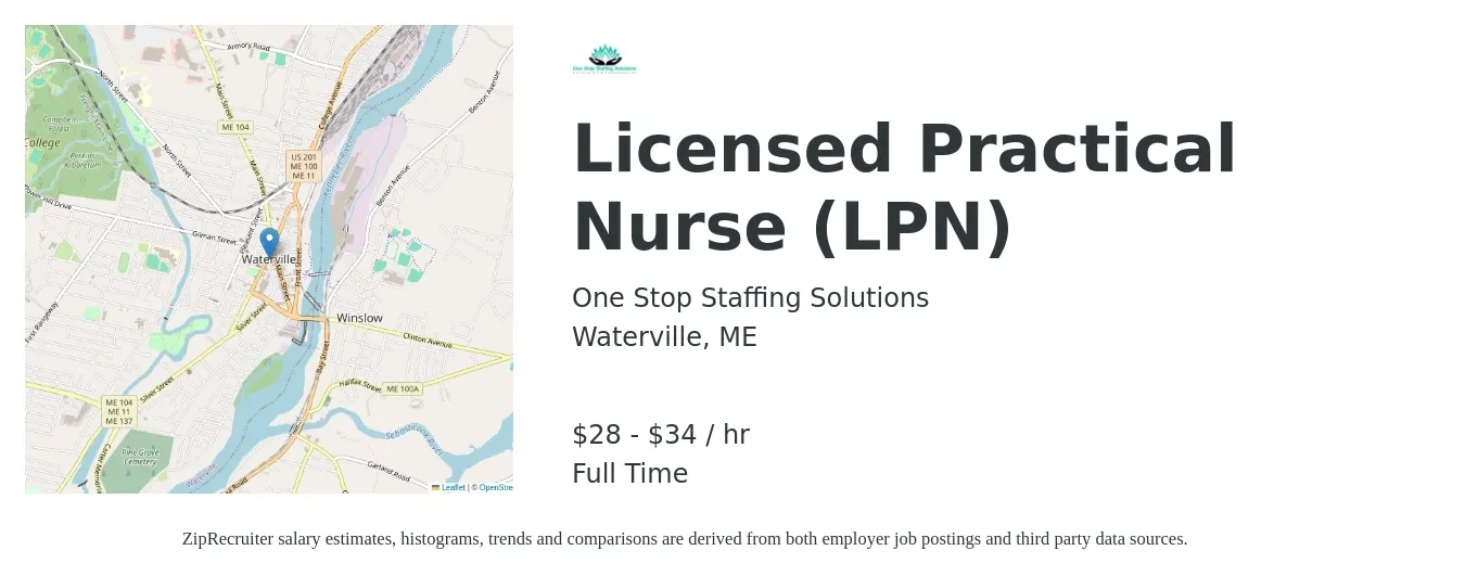 One Stop Staffing Solutions job posting for a Licensed Practical Nurse (LPN) in Waterville, ME with a salary of $30 to $36 Hourly with a map of Waterville location.