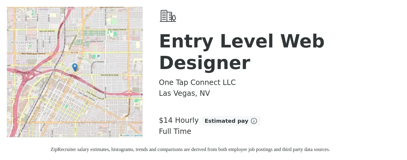 One Tap Connect LLC job posting for a Entry Level Web Designer in Las Vegas, NV with a salary of $15 Hourly with a map of Las Vegas location.