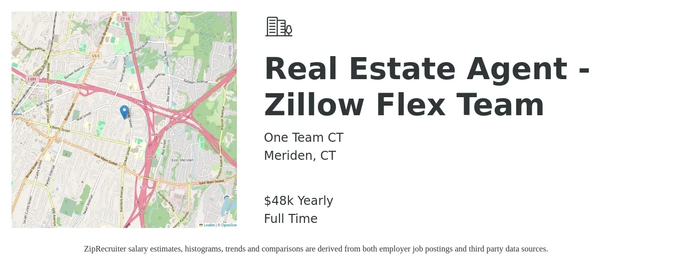 One Team CT job posting for a Real Estate Agent - Zillow Flex Team in Meriden, CT with a salary of $48,227 Yearly with a map of Meriden location.