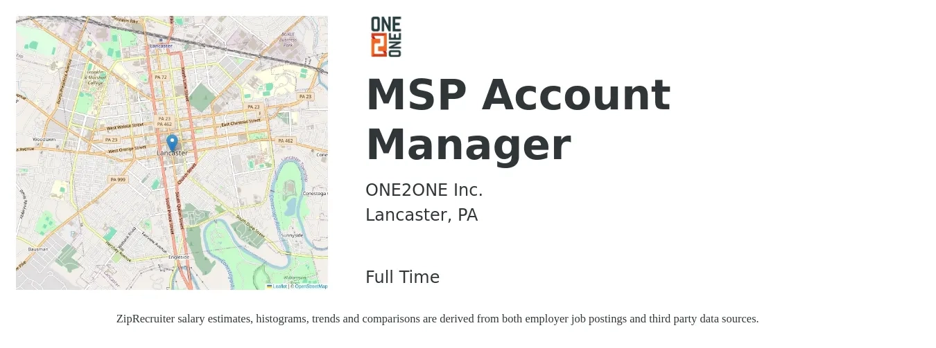 ONE2ONE Inc. job posting for a MSP Account Manager in Lancaster, PA with a salary of $46,600 to $76,300 Yearly with a map of Lancaster location.