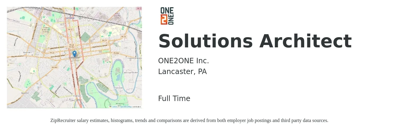 ONE2ONE Inc. job posting for a Solutions Architect in Lancaster, PA with a salary of $61 to $81 Hourly with a map of Lancaster location.
